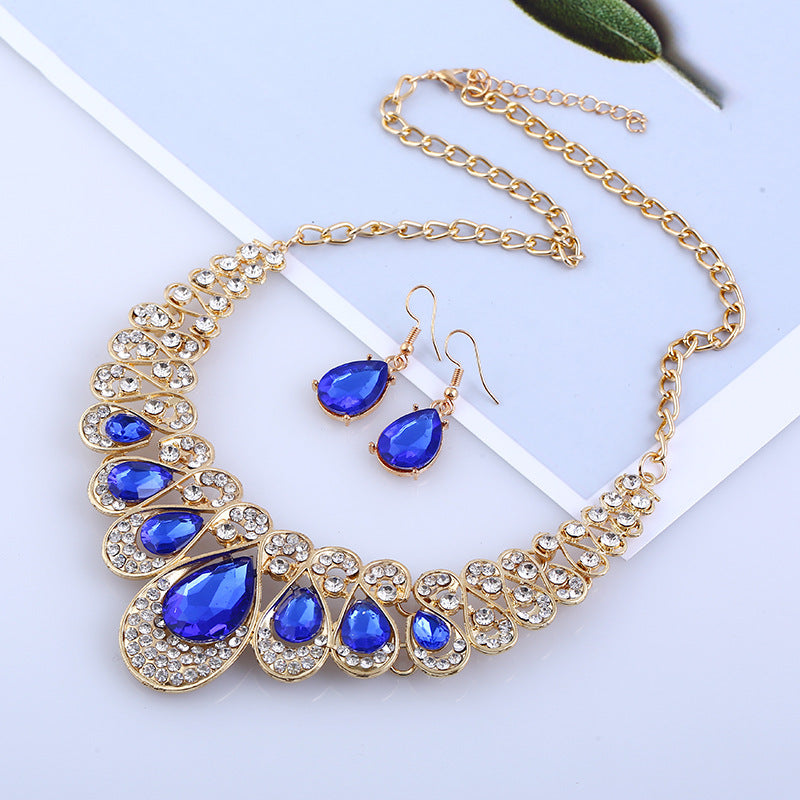Wholesale Metal Sparkling Diamond Water Drop Gem Necklace Earrings Set
